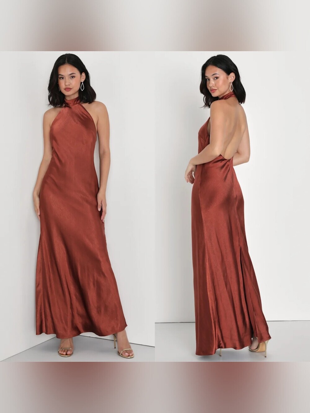 Lulus Love in Your Life Rust Brown Satin Halter Maxi Dress Wedding Party Prom